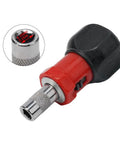 Heavy Duty Compact Quarter Inch Hex Ratchet Screwdriver With Quick Forward Reverse Switch And Slick Pocket Friendly Design, showing grip and chuck size.