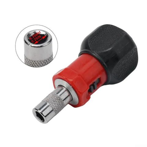 Heavy Duty Compact Quarter Inch Hex Ratchet Screwdriver With Quick Forward Reverse Switch And Slick Pocket Friendly Design, showing grip and chuck size.