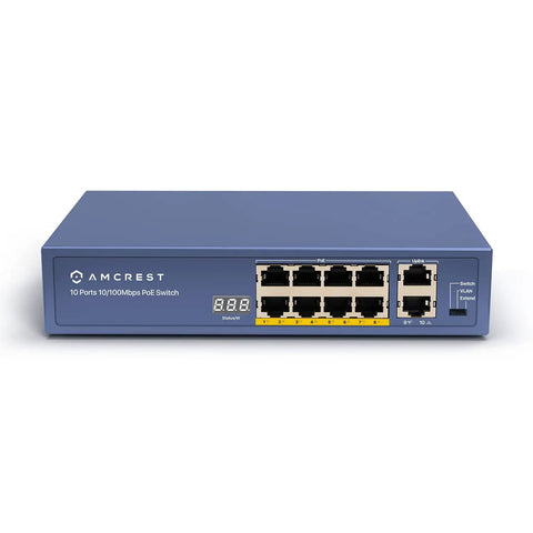 Front view of 8 Port PoE Plus Ethernet Switch With 96W Total Power 802.3at Unmanaged Desktop Plug And Play, metal housing