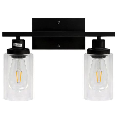 Two Light Black Vanity Lights For Bathroom Over Mirror With Clear Glass Shades And Metal Bases Modern Industrial Wall Sconces