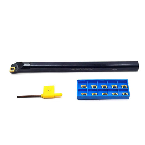 Three Quarters Inch By Ten Inch Solid Carbide Indexable Boring Bar With Ten Carbide Inserts for right-hand turning, visible tool set