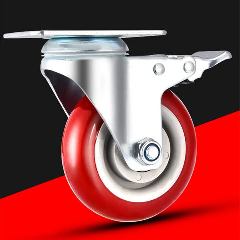 Heavy Duty Rubber Castor Wheels With Brakes Pack Of Four showing red rubber treads and metal swivel mount for smooth mobility.