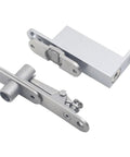 Smooth As Butter Heavy Duty Door Pivot Hinges With Auto Soft Close Action and Bulletproof Invisible Hidden Install Design, silver metal hinges.