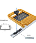Extended 160mm Double Feather Boards Deliver Rock Solid Grip For Table Saw Router Band Saw T Slot Miter Track No Sweat Setup Made From Tough Plastic Locks Down Hard For Killer Woodworking Results, detailed view of adjustment mechanism with thin shims.