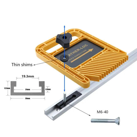 Extended 160mm Double Feather Boards Deliver Rock Solid Grip For Table Saw Router Band Saw T Slot Miter Track No Sweat Setup Made From Tough Plastic Locks Down Hard For Killer Woodworking Results, detailed view of adjustment mechanism with thin shims.