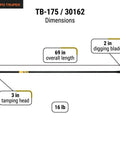 Diagram of Post Hole Digger And Tamping Bar For Heavy Duty Groundwork, 69 Inch Long, 16 Pound, with 2-inch blade and 3-inch head.