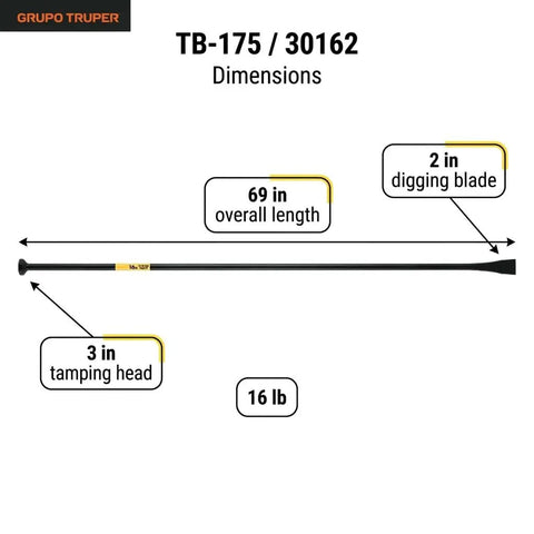 Diagram of Post Hole Digger And Tamping Bar For Heavy Duty Groundwork, 69 Inch Long, 16 Pound, with 2-inch blade and 3-inch head.