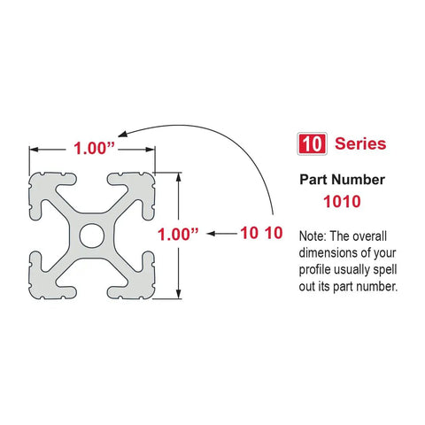 One Inch By One Inch T Slot Aluminum Extrusion Rail Bar Clear Anodized Sixty Inches Long Rock Solid Workhorse part number diagram and dimensions.