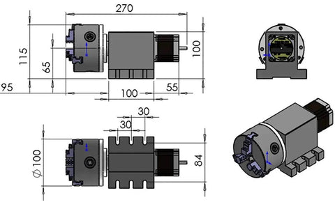 Premium Quality Top Shelf CNC Fourth Axis Rotary Kit design with four jaw chuck and gearbox dimensions.