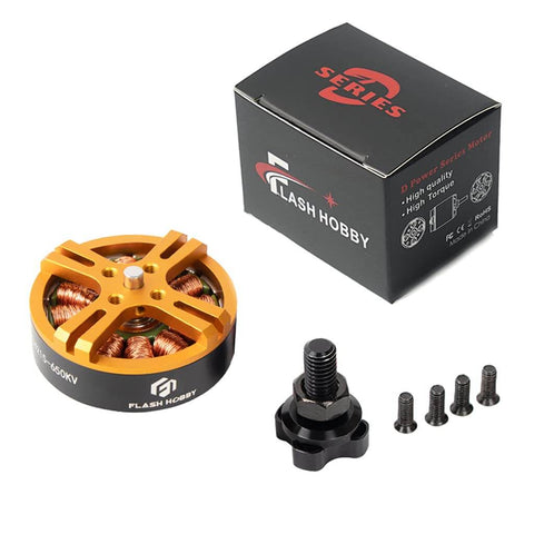 D4215 Brushless Motor 650KV Built For 3 To 6S RC Multirotor FPV with CNC Machined Rotor, shown with box and accessories