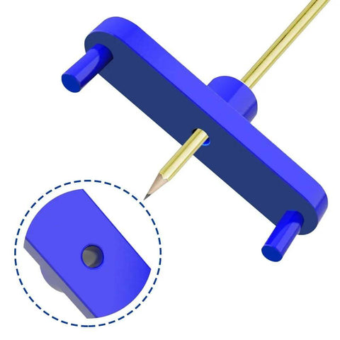 TorSor blue center scribe tool with brass pencil, angled side view for marking centerlines.