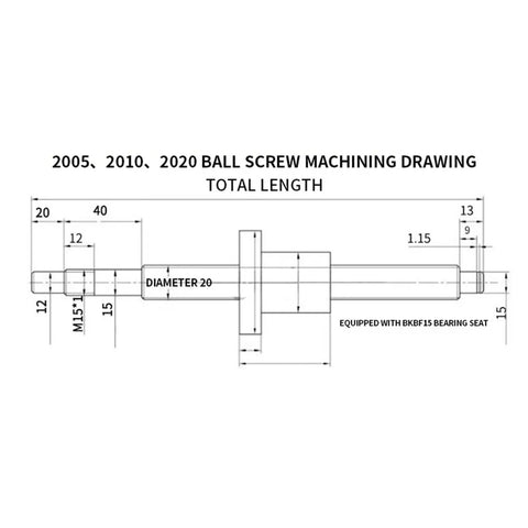 Heavy Duty Linear Motion Slide Kit With Four Hgw20cc Blocks Two Hgr20 Rails And Sfu2005 Ballscrew Assembly Mounted On Bk15bf15 Ends Machining drawing of SFU2005 ballscrew with dimensions.