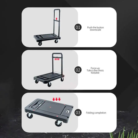 Heavy Duty Foldable Cargo Wagon With Smooth As Butter Rollers No Sweat Push Pull Flatbed Cart showing foldable features and wheels.