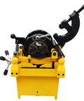 Heavy Duty 220 Volt Electric Pipe Threader Machine Real Workhorse For Cutting And Threading One Half To Two Inch Pipes With Self Oiling System view from front, showcasing yellow base and cutting mechanism.