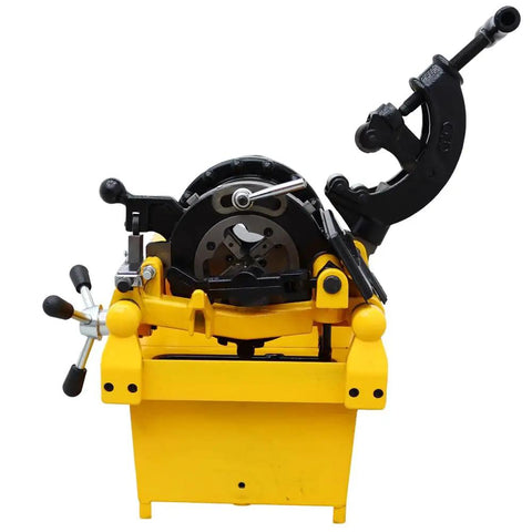 Heavy Duty 220 Volt Electric Pipe Threader Machine Real Workhorse For Cutting And Threading One Half To Two Inch Pipes With Self Oiling System view from front, showcasing yellow base and cutting mechanism.