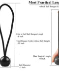 Diagram of 25 Pack 6 Inch Ball Bungee Cords Heavy Duty Outdoor Natural Latex Tarp Straps measurements and stretch length