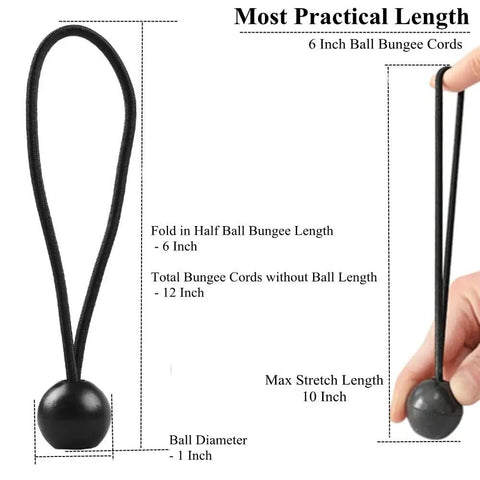 Diagram of 25 Pack 6 Inch Ball Bungee Cords Heavy Duty Outdoor Natural Latex Tarp Straps measurements and stretch length