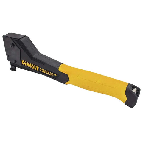 Lightweight Carbon Fiber Stapler With Drop In Loading Auto Lock Anti Jam Pinch Latch shown at angle, ergonomic grip