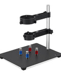 Hot Air Gun Holder With Four Flexible Magnetic Columns And Dual Adjustable Clamps For PCB Rework Soldering on a black base.
