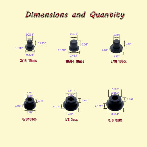 50 Pack Silicone Rubber Hole Plugs Set With 6 Sizes T Type Stoppers dimensions and quantity display for waterproof sealing