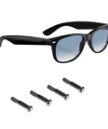 Top Notch Replacement Temple Screws For Wayfarer RB2140 Sunglasses with black frame and silver hinge screws for repair.