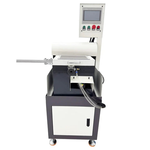 Automatic CNC Rotary Cutting Off Machine Workhorse With One Point Five Seven Inch Wide Clamping Range For Tungsten Steel HSS Iron Copper Aluminum 110V 1500W High Power Cut Tool For Precise Fast Clean Cuts Built For Durable Heavy Duty Performance In Metal. CNC metal cutoff machine with control panel and measuring arm