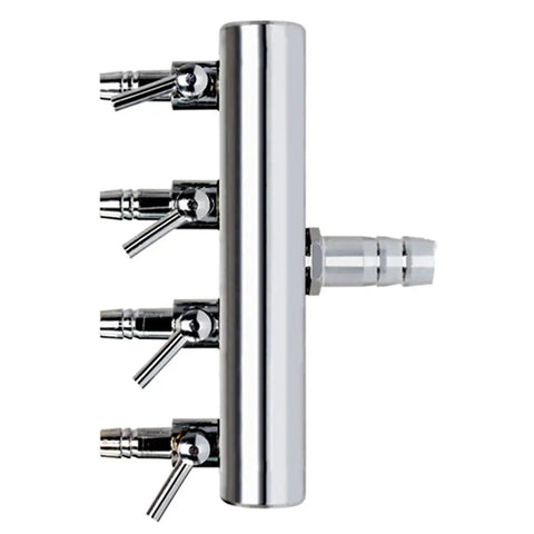 Straight Up Four Way Aquarium Air Valve Inline Manifold Splitter For Freshwater Fish Tank Air Pump Tubing, chrome finish, four outputs.