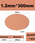 Pure Copper Round Plate And Heavy Duty Circle Washer For Cnc Machining And Fabrication Hella Conductive Straight Up Premium For Metal Processing And Welding Projects One Point Two Millimeter Thick By Three Hundred Millimeter Wide, showing dimensions.