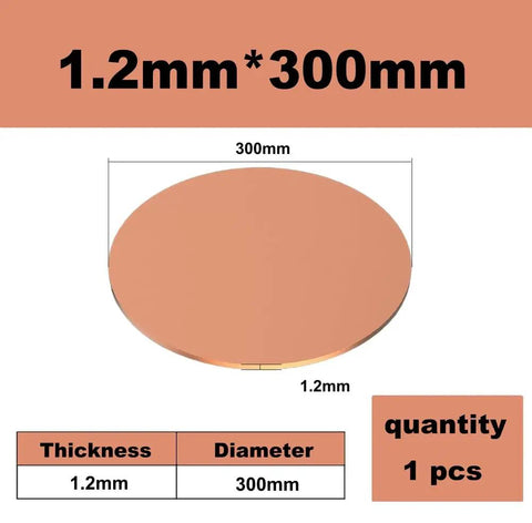 Pure Copper Round Plate And Heavy Duty Circle Washer For Cnc Machining And Fabrication Hella Conductive Straight Up Premium For Metal Processing And Welding Projects One Point Two Millimeter Thick By Three Hundred Millimeter Wide, showing dimensions.
