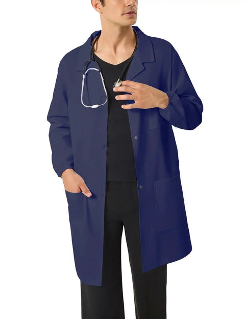 Men's Navy Blue Lab Coat With Quick Release Snap Closure Four Pockets Elastic Cuffs Long Sleeve Pro Grade Medical Lab Coat For Scientists Students And Researchers