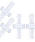 Front view: six white PVDF plastic 1/4-inch inline check valves with barbed ends.