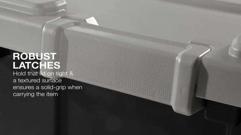 Close-up of robust latch on Beefy 40 Gallon Storage Bin On Wheels With Locking Lid Resin Plastic Toolbox for garage use.