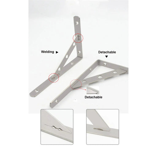 Badass Rock Solid Stainless Steel Shelf Brackets Heavy Duty Corner Braces for Floating Shelves showing detachable design and welding features.