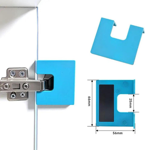 Hinge Mate Quick Install Tool for Doors and Cabinets, magnetic jig showing dimensions and design, no drill setup for hinges.