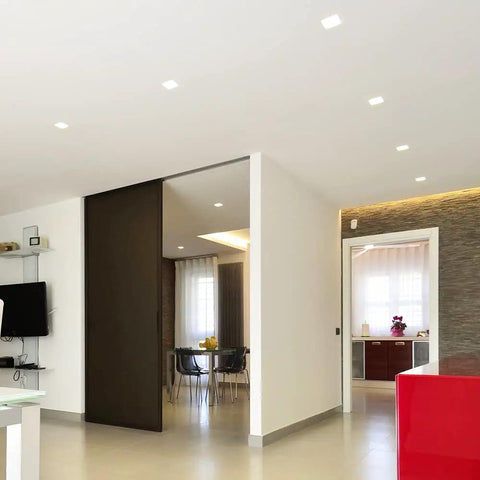 Room with installed Square Ultra Thin Canless 4 Inch Recessed LED Downlights, 12 Pack, 750 Lumen, 5 CCT Switchable, modern interior lighting