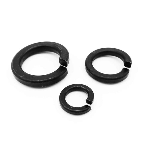 Three sizes of spring washers from the Beefy DIN127 GB93 Black Grade Eight Point Eight Steel Spring Washer Set M2 Through M24 Split Lock Elastic Gasket Kit.