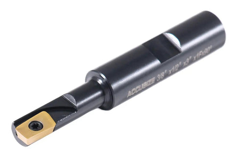 Three Eighths Inch 90 Degree Square Shoulder Indexable End Mill With Ten APKT11T308 Inserts One Flute Half Inch Shank Three Inch Overall Length Carbide Insert For Precision Shoulder Milling And Smooth Chip Evacuation, shown from side view