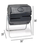 37 Gallon Plastic Single Chamber Rotating Tumbling Compost Bin With Elevated Stand for outdoor use, product dimensions shown.