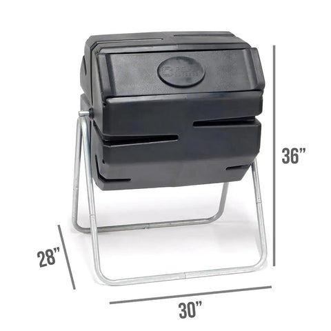 37 Gallon Plastic Single Chamber Rotating Tumbling Compost Bin With Elevated Stand for outdoor use, product dimensions shown.