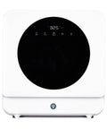 Slick Portable Countertop Dishwasher With Five Liter Tank and Six Wash Cycles features a sleek black and white design with digital controls.