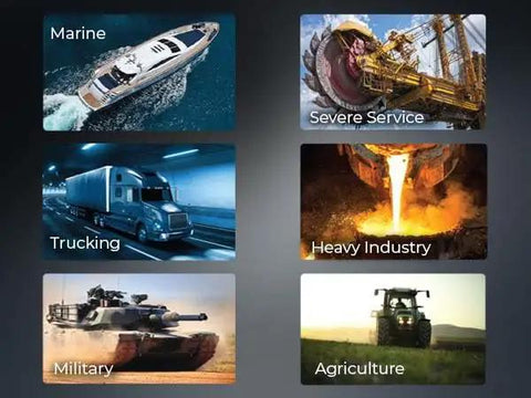 Images depicting uses for Atlas 600 Marine Grease: marine, severe service, trucking, heavy industry, military, agriculture.
