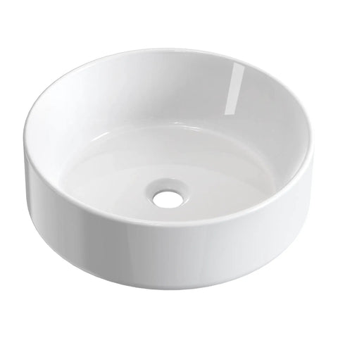 Round Vessel Sink For Bathroom 15.75 Inch Ceramic Bowl With White Gloss Finish Sleek Look Above Countertop Lavatory Vanity Sink Durable Glazed Ceramic 1.75 Inch Drain Opening Fits Standard Drains And Cabinets, shown from above.