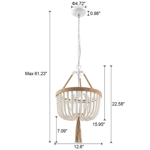 Boho Farmhouse Wood Beaded Pendant Light Fixture With Fringed White Beads 3 Light Rustic Chandelier with measurements