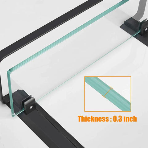 Close-up of Bathroom Lavatory Glass Shower Shelf Two Tier With Towel Bar, Wall Mounted Storage, Tempered Glass, Matte Black Finish, 0.3 inch thick