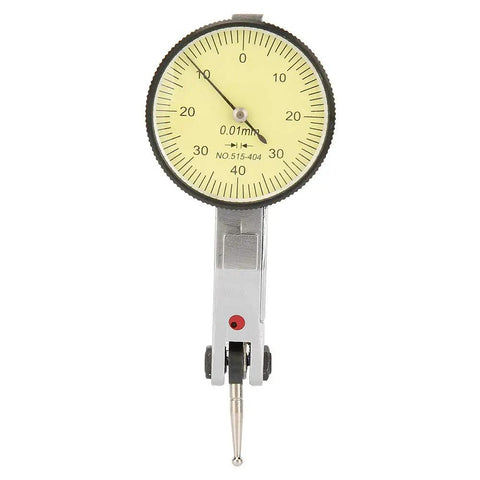 Pro Grade Dial Test Indicator 0 to 0.8mm Range with 0.01mm Precision, Dovetail Mount, 180 Degree Rotatable Probe, front view