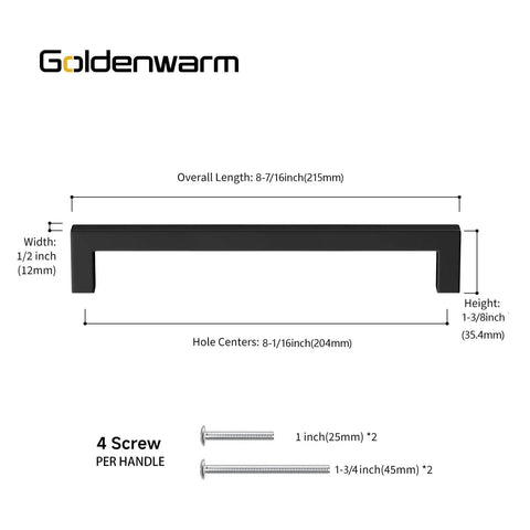 15 Pack Black Cabinet Pulls 8 Inch Drawer Handles For Kitchen Cabinets And Dressers Stainless Steel Modern Hardware Center To Center 204mm Overall Length 215mm Lightweight Hollow Construction Anti Corrosion shown with measurements and screws included