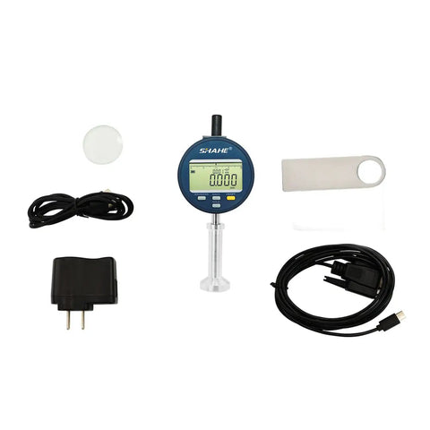 Handheld Digital Surface Roughness Tester and Profilometer with USB-C cable, RS232 data output, and charger, IP54 waterproof design.