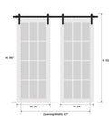 Sturdy Double Barn Door Kit 48 By 96 Inches With White Silk Finish And Black Glass Panels, 13 Foot Rail System, shown with dimensions.