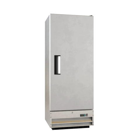 Rock Solid Heavy Duty 25 Inch Single Door Stainless Steel Commercial Freezer 11 Cubic Foot Reach In Unit with digital controls.