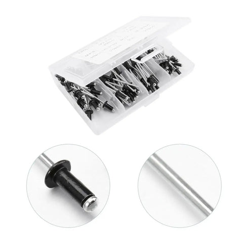 Black Aluminum Blind Rivets Set With Smooth Burr Free Pull Rods In M3.2 M4 And M2.4, 120 Pcs in open storage case